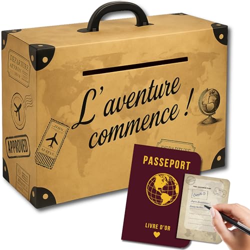 Urne Voyage Valise avec Livre d’Or Passeport | Boîte à Enveloppes et Tirelire Cagnotte Originale pour Mariage, Anniversaire, Départ ou Vacances | Décoration Thème...