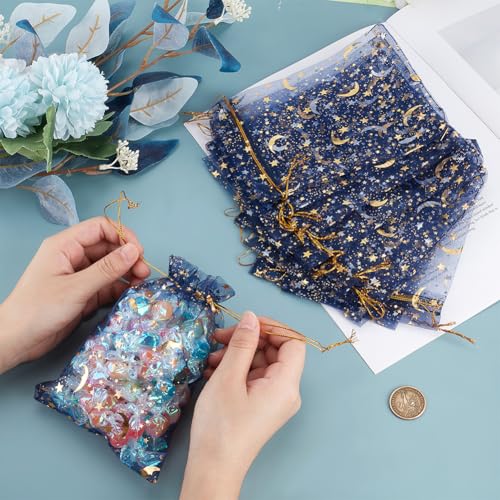 Beebeecraft 50Pcs Organza Bags Gold Stamping Stars Marine Blue Drawstring Mesh Bags Rectangle Candy Gifts Storage Favor Pouches for Christmas Wedding Party Valentine's Day 5x7 Inch - Image 3
