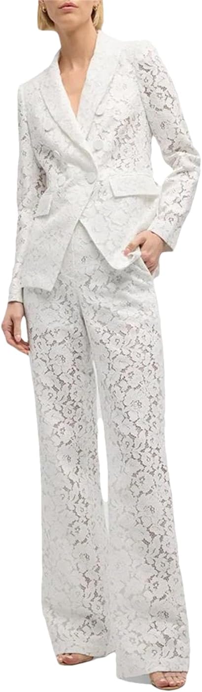 Women's High Street Thin Lace Blazer Suits Jacket Pants Set 2Pcs