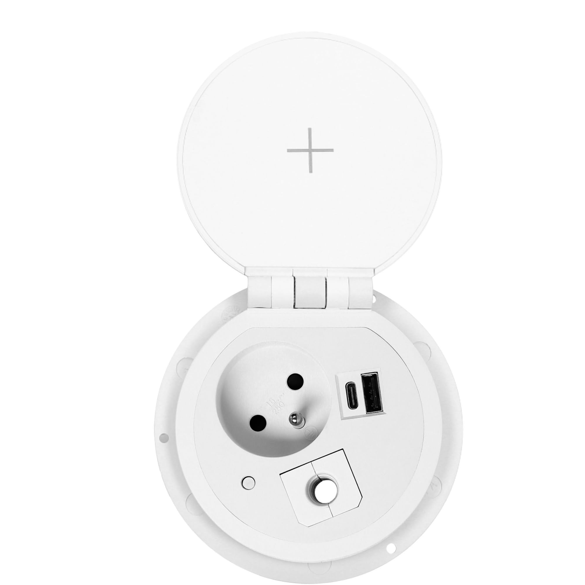 Möbelsteckdose Ø8cm mit induktivem Ladegerät, USB-Ladegerät (französische Produktversion)