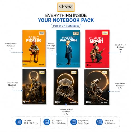 Image of SHAPE A4 Notebook Pack of 6, 172 Pages Each, Single Line Ruled