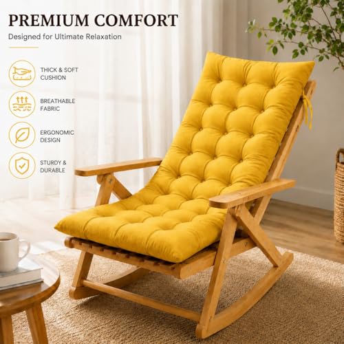 Image of KYNE Rocking Chair Cushion 18 x 50 Inch Thick Tufted Chair Cushion with Backrest and Seat Pad Soft Premium Fabric Polyester Filling Non Slip Indoor Outdoor Rocking Chair Replacement Cushion (Yellow)