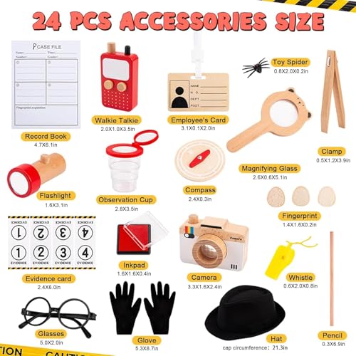 Image of Wudly Wooden Kids Detective Role Play Set - 15 Pieces Fancy Dress for Boys with Case File, Evidence Markers, Wooden Tools, and Costume Accessories, Detective Set, Costume for Kids