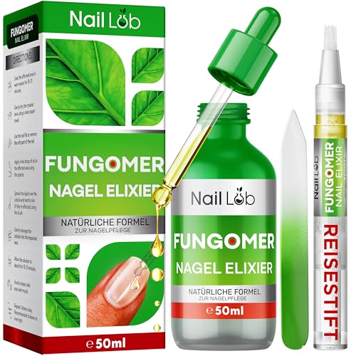 NAIL LAB Fungomer Nagel-Elixier - Repariert beschädigte und verfärbte Nägel - 50ml - Enthält Teebaumöl, Geeignet für Finger- und Zehennägel Extra Stark - Kostenloser 3ml Nagelstift + Nagelfeile