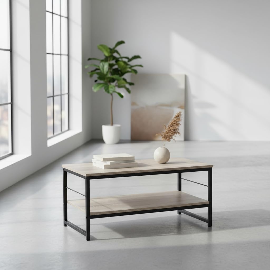 INDE MOBLEKIT | Tavolino rettangolare 80x40x38 cm con 2 ripiani, struttura in metallo nero e piano in legno opaco, tavolino laterale per soggiorno, ripiano basso o tavolino da caffè