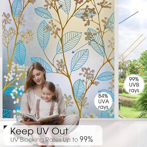 Image of MOCOCO Premium Vinyl Privacy Stained Window Glass Sticker (24x96 Inch) - Self-Adhesive Decorative Film Opaque Sheet Tint Wallpaper for Glass Cover Window, Door, Office, Home.| Anti-UV. Blue Leaves