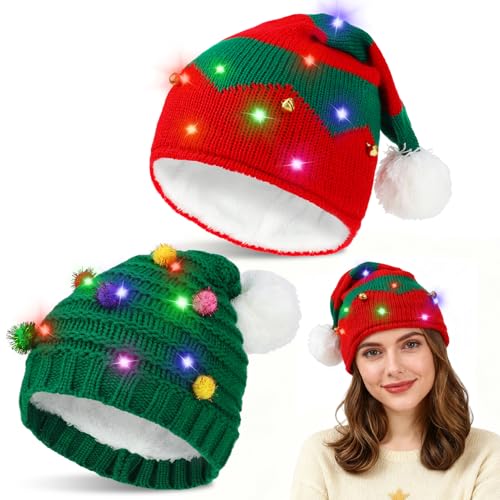 Beipegin 2 Piezas Gorro Navidad LED Santa Claus Beanie Sombrero con Luz Gorro de Punto Caliente Gorros Navideños Navidad Accesorios Fiesta para Adulto Niño