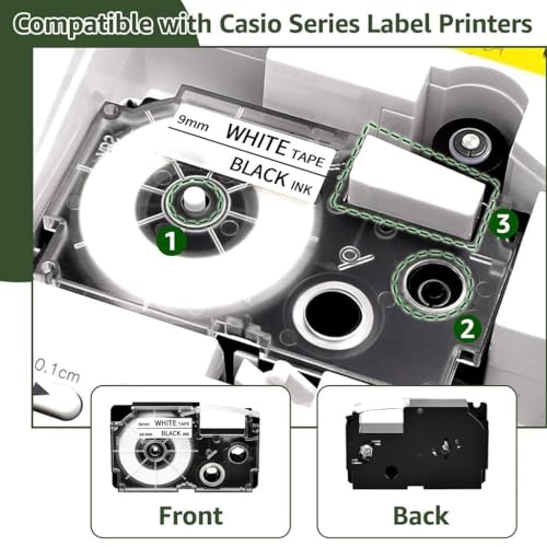 Image of ZIBUYU 9mm Label Tape for Casio Label Printers White with Black Ink 1 Roll | Compatible with KL Series (KL-120, KL-60, KL-820), Waterproof & Fade-Resistant
