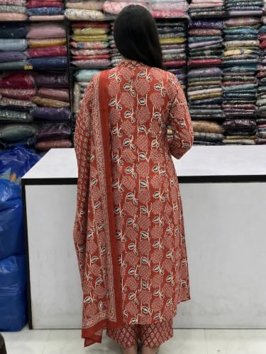 Image of GoSriKi Kurta Sets for Women Viscose Blend Printed | Kurti Set for Woman | Kurta Palazzo Dupatta Set | A Line Kurti | Mandarin Collar 3 /4 Sleeve Suit Set for Women Stylish Ethnic Outfit