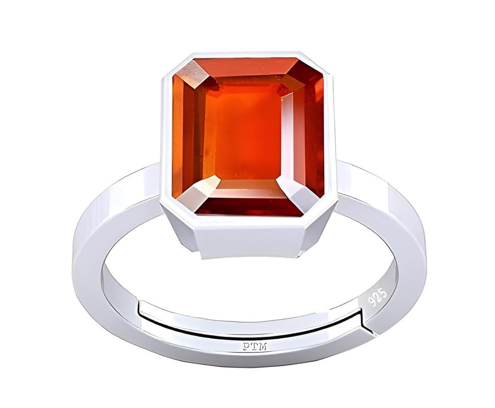 PTM Natural Hessonite/Gomed 3.25 to 10.25 Ratti or 3.00 to 9.50 Carat Astrological Certified Gemstone Pure Sterling Silver/925 bis Hallmark Adjustable Ring for Men Women