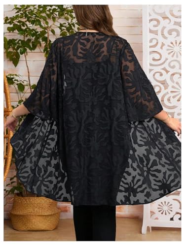 OYOANGLE Women's Plus Size Lace Sheer Open Front Cardigan Lightweight 3/4 Sleeve Ruffle Kimono Outerwear3