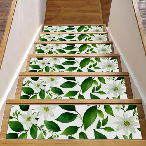 Tapis d'escalier antidérapants 15 pièces motif fleurs vertes pour stopper les glissades dangereuses
