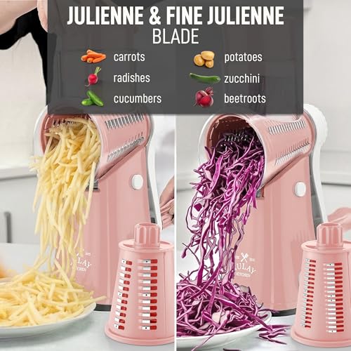 Image of Zulay Kitchen Rotary Cheese Grater 5 Blade Cheese Shredder - Manual Hand Crank Cheese Grater With Reinforced Suction & 5 Interchangeable Drums - Easy to Use, Vegetable Chopper Round Mandoline Slicer