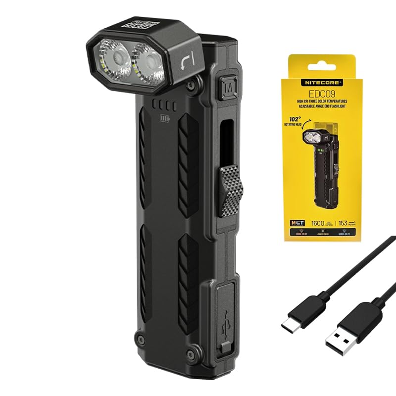 Nitecore EDC09 EDC09 EDC Flashlight High CRI Three Color Temperatures Adjustable Angle, Magnetic Tail, 1600 Lumen w/Eco-Sensa Type C Charging Cable