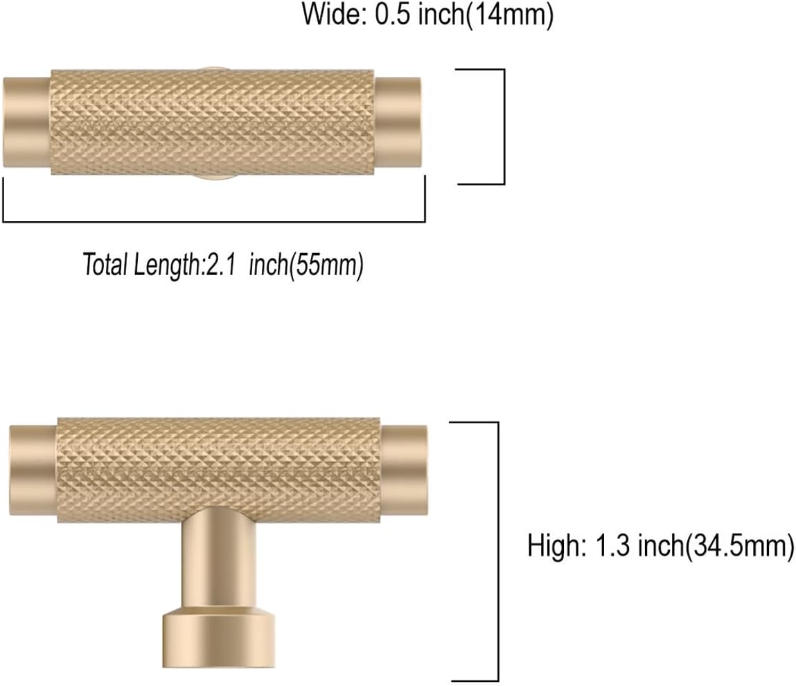 Asidrama 10 Pack Knurled Champagne Gold Kitchen Cabinet Knobs Dresser Knobs Drawer Knobs Single Hole Cabinet T Bar Pull Handles for Kitchen Wardrobe Cupboard 4518