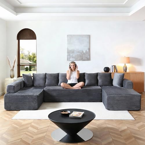 Image of Oversized Cloud Boneless Couch with Chaise, 145 inch Modern U Shape Modular Deep Seat Sectional Sofa, Comfy Corduroy Upholstered Couches for Living Room, No Assembly Required, Grey
