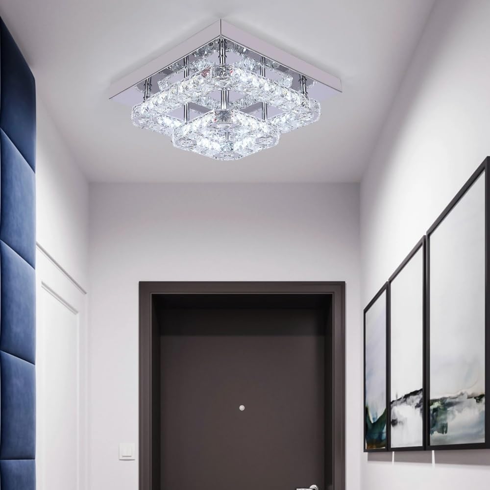 Jybnbbe 27*14Cm Small Crystal Chandelier Flush Mount Ceiling Light Fixtures, Modern Crystal Led Ceiling Lamp Dimmable Cool Light/Warm Light/Natural Light,27 * 14Cm