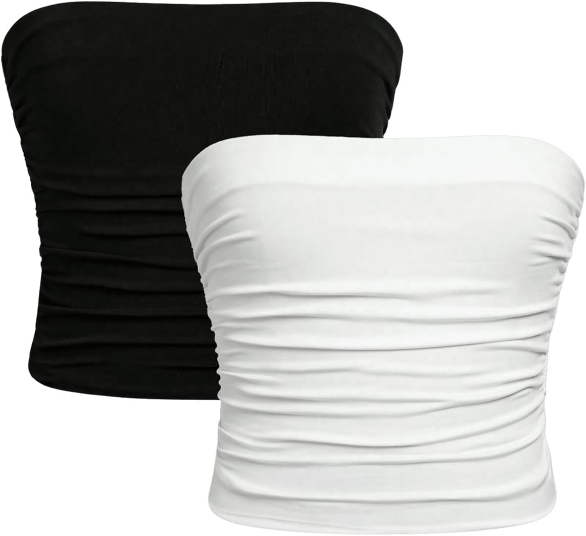 Milumia Girl's 2 Pack Tube Top Ruched Strapless Sleeveless Basic Casual Cute Bandeau Tops