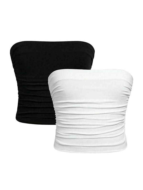 Milumia Girl's 2 Pack Tube Top Ruched Strapless Sleeveless Basic Casual Cute Bandeau Tops Black and White Plain 11 Years by Milumia - Used condition - US$13.16