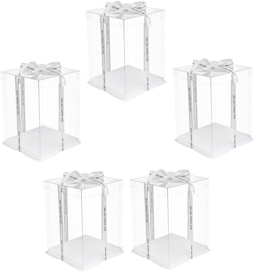8-inch Birthday Cake Box 5pcs, Elevated Double-layer Cake Carrier 26x26x25cm with Ribbon, Food-grade Dessert Packaging Container for Party and Storage