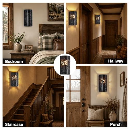 Image of Rustic Wall Sconces Set of 2, Hardwired Matte Black Metal Tree Shadow Industrial Wall Light Fixtures, 1-Light E26 for Bedroom Hallway Cabin