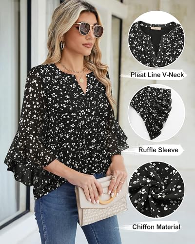 Image of Timeson Women's Short Sleeve V Neck Blouses Shirts Floral Double Layers Mesh Tunics Tops