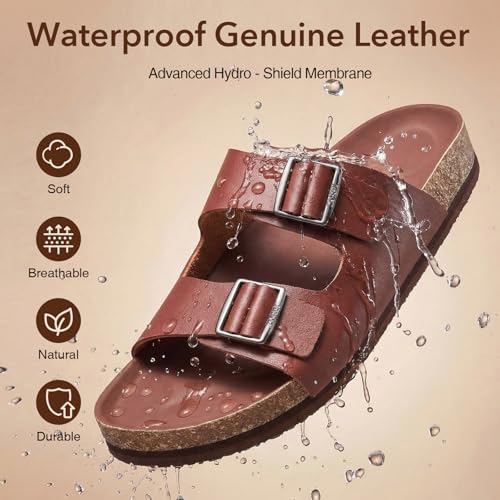 Image of ZURIN Genuine Leather Sandals for Women,Cork Footbed Slide Platform Sandals with Arch Support, Suede Double Buckle Slip On Slides for Summer Beach Walking Indoor Outdoor
