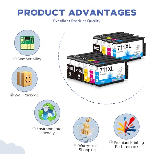 Image of Miss Deer 711XL Ink Cartridges, Compatible Replacement Ink for 711 711XL Combo Pack Work for Designjet T120 T520 24-in T520 36-in Printers,9-Pack(3BK /2C /2M /2Y)