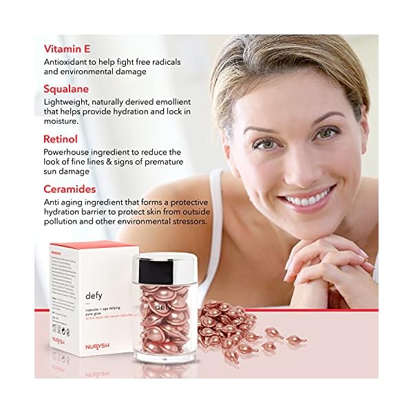 NURYSH DEFY Anti-Aging Night Serum Capsules for Face with Retinol, Vitamin E, Squalane & Ceramides - Facial Antioxidant, Active Skin Repair, Nourishing, Brightening, Moisturizing - 30 Capsules