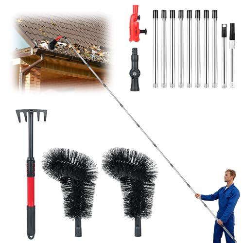 Gutter Cleaning Tools from The Ground, Adjustable Gutter Cleaning Pole with 180° Pivoting Head, Gutter Rake & 2 Gutter Brush, Gutter Cleaner Tool for Removing Leaves, Debris & Spider Webs (Black)