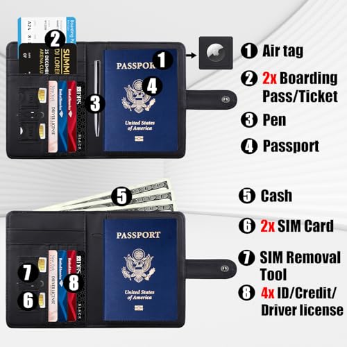 GOAUS Passport Holder for Travel with Airtag Card Slots, Money Pocket, Women Men RFID Blocking Wallet Book Case Black3
