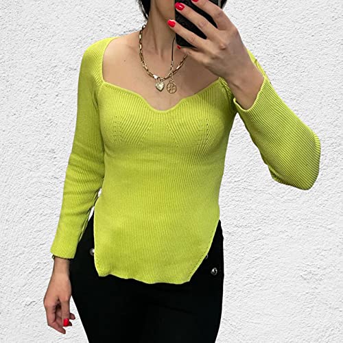 Image of Women's Square Neck Ribbed Knitted Sweater Long Sleeve Crop Slim Fitted Basic Pullover Tops