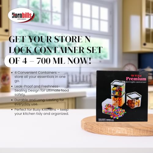 Image of HORNBILLS Seal & Lock Airtight Food Storage Containers Set - 700ml (Pack of 4) | Kitchen Organizing Accessories | Leakproof, BPA Free & Food Grade Material Plastic Boxes For Kitchen & Fridge Organizer