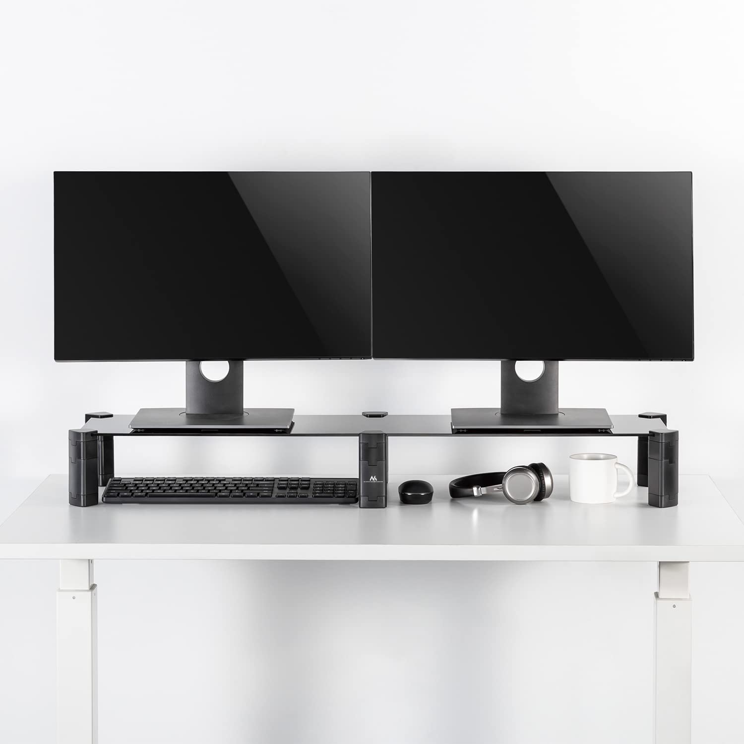 Maclean MC-936 Supporto per due monitor Rialzo, max. 20 kg, vetro temperato, (1029x285x127 mm), Altezza regolabile a 4 Livelli