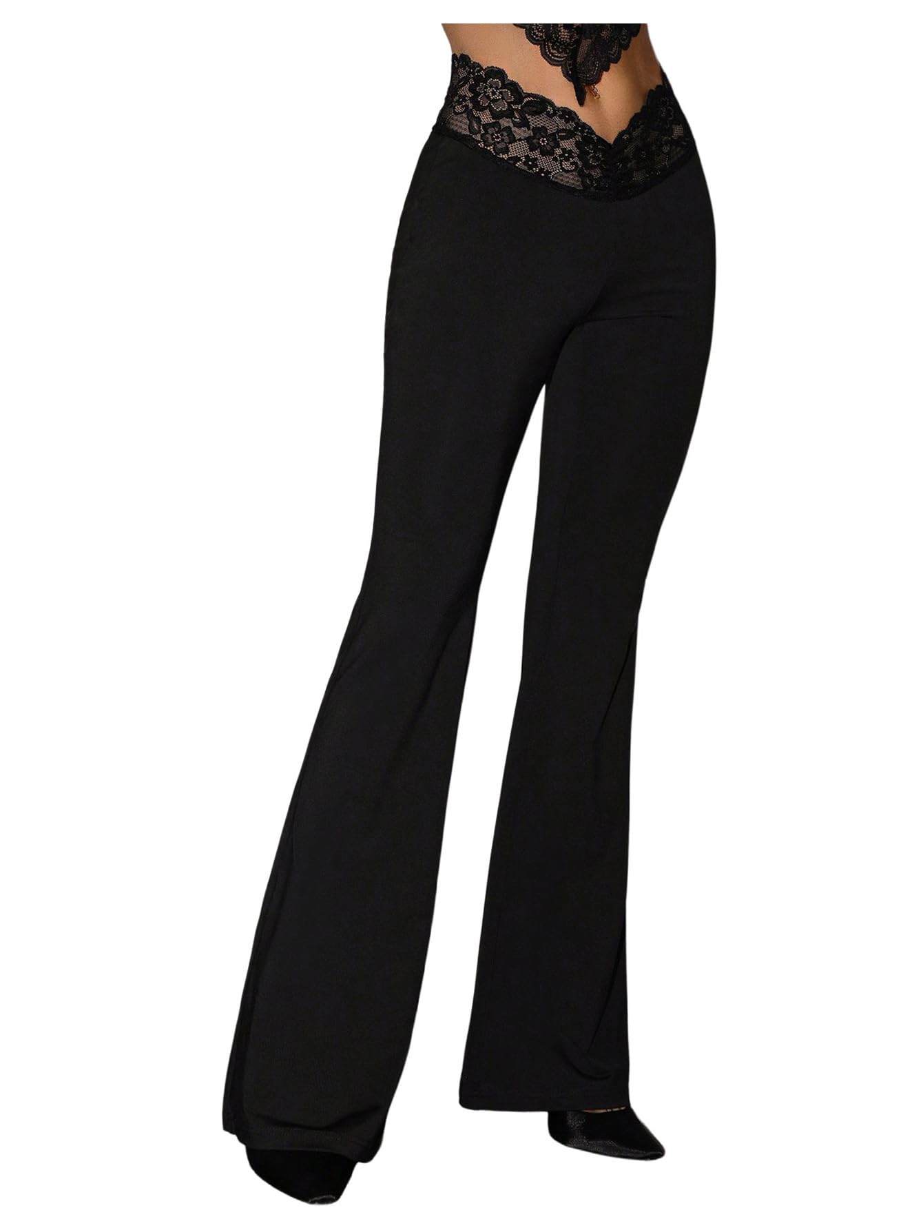Milumia Womens Low Waist Lace Trim Flare Pants Leggings Rave Going Out Bell Bottoms