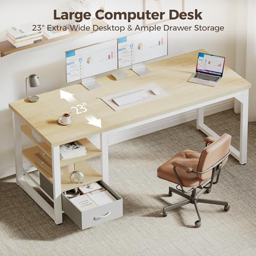 Image of Mericonia 48 in Computer Desk with Drawer, 1 inch Thick Reversible Office Desk | Modern Writing Table with Storage Shelves, Heavy Duty Industrial Study Desk for Home Bedroom Work