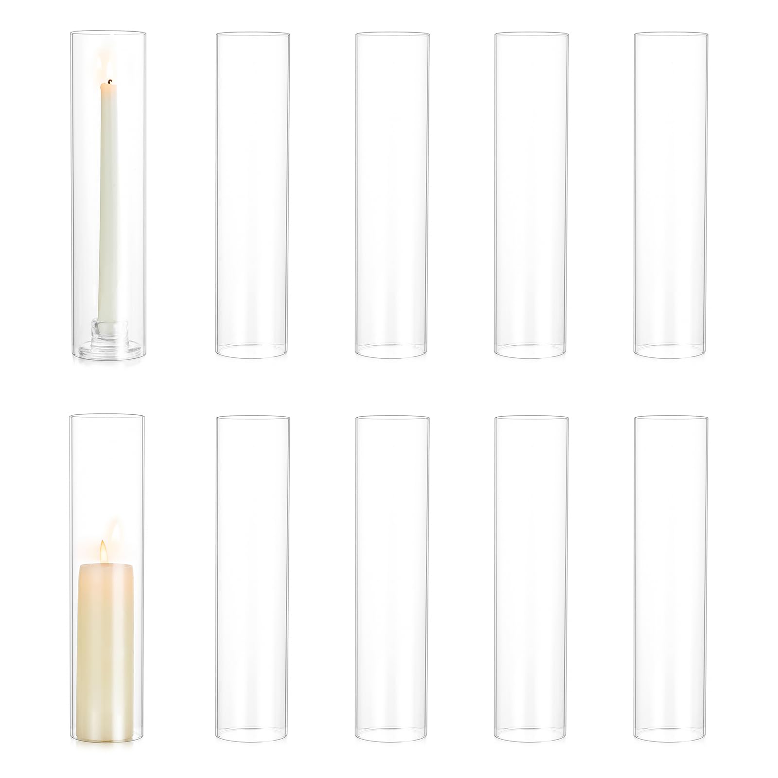 Hewory Hurricane Glass Candle Holders: 10 PCS Clear Open Ended Cylinder Candle Holder Sleeve for Candlestick Holders - Taper Candle Holder Bulk for Wedding Christmas Centerpiece Decor (D 2.5" x H 11")