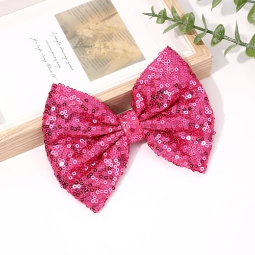CN 5 Inch Glitter Hot Pink Hair Bows for Girls Alligator Clips Sparkly Sequin Hair Accessories for Kids Toddler Women on Birthday Wedding Christmas and Party