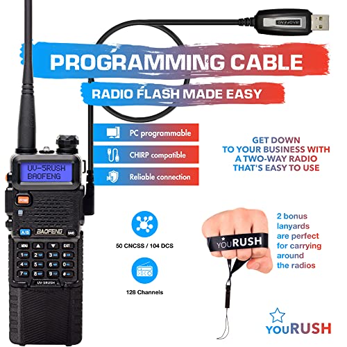 Yourush Portable Ham Radio 2 Pack Baofeng Uv-5R 8W Dual Band Two Way Radio With Extended Battery Bl-5L 3800 Mah With Lanyard & Usb Programming Cable & Usb Charger Cables, Chirp Support, Usa Warranty #TOP2