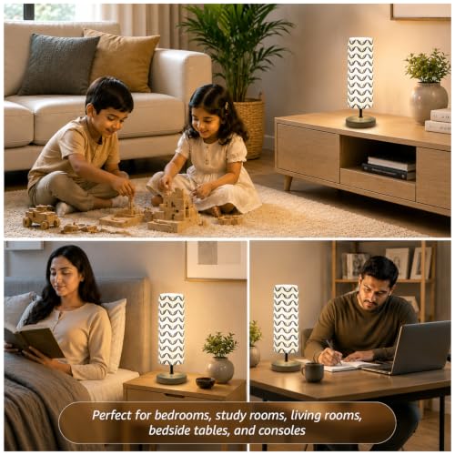 Image of Amazon Basics Tarang Wavy Table Lamp | Hand-Painted Mango Wood Base with Printed Polyester Shade | E14 Holder | Decorative Night Lamp for Bedroom, Living Room & Study Room | Home Decor Gift