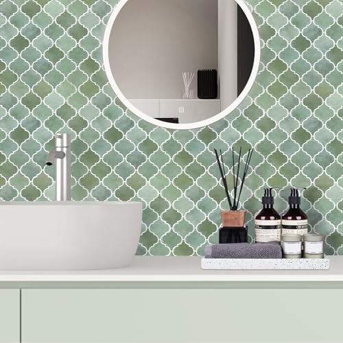 Arabesque Fliesen zum Abziehen und Aufkleben für Küche, Dickste Wandfliesen zum Abziehen und Aufkleben, 10 Blatt Selbstklebende 3D-Wandfliesen Backsplash, Grün 30,5 x 30,5 cm.