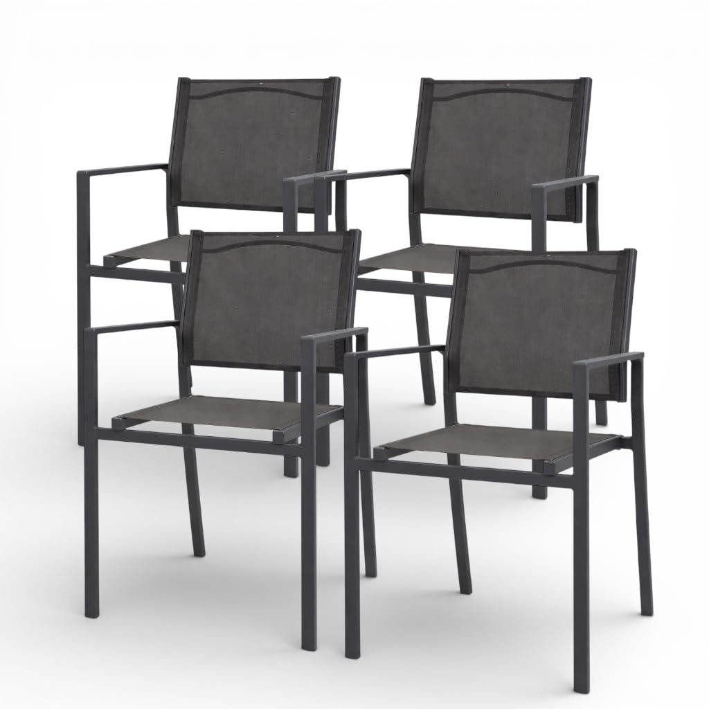 Pincho Set de 4 Sillas de Jardín Exterior, Acero y Textileno Antracita, 56x65x103 cm, Plegables, con Reposabrazos, para Patio Terraza Balcón Camping