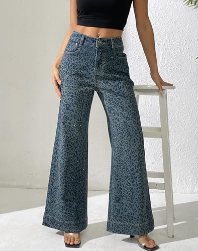 heipeiwa Women's Leopard Rhinestone Flare Jeans High Waist Bell Bottom Wide Leg Baggy Stretch Denim Pants2