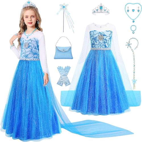 Velmawig Disfraz de princesa Elsa para niña, vestido de Elsa de Frozen, disfraz de Elsa, disfraz para niños, vestido de Elsa, vestido de niña con trenza, varita mágica, corona, guantes, collar, bolso,