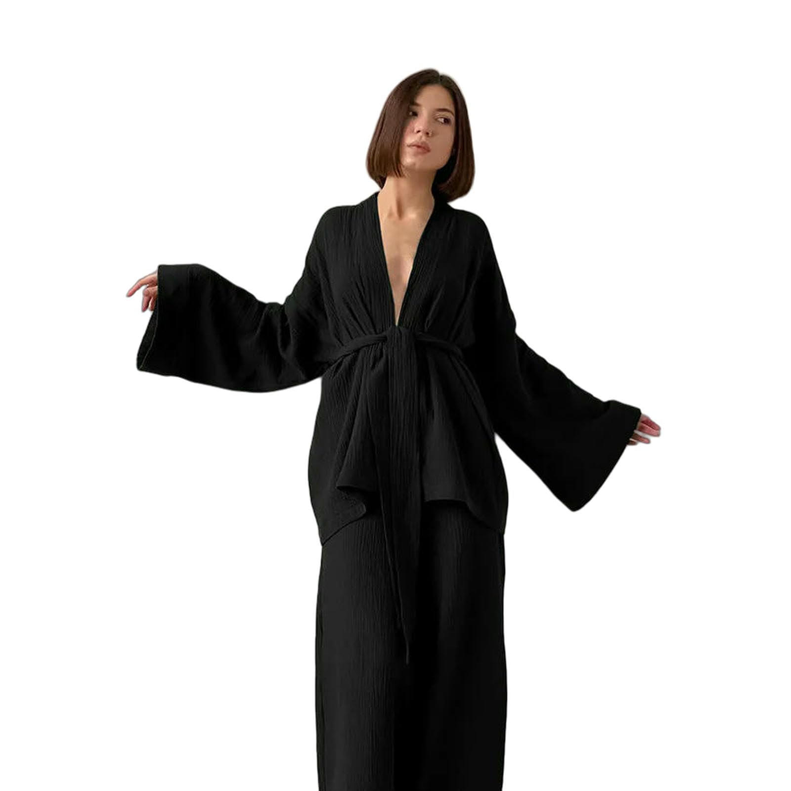 Pigiama in Cotone crêpe Pantaloni A Maniche Lunghe da Donna Completo Servizio Domicilio Mujer-Marrone Chiaro-s