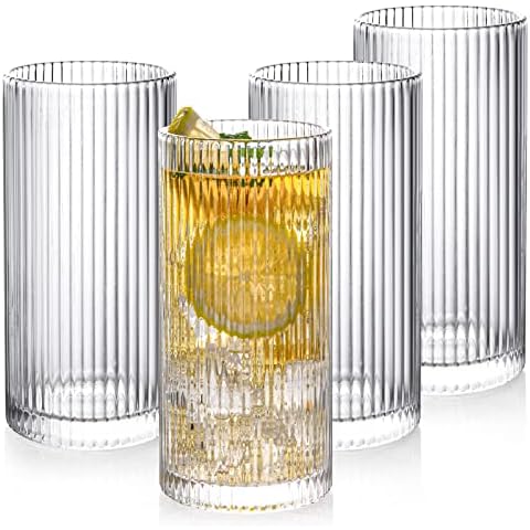 Drinking Glasses with Origami Style Set of 4 Glass Cups, 12 oz Ribbed Glassware, 4 Tall Highball Glass Cups, Elegant Art Deco Ripple Vintage Glassware, Juice Glasses, Ideal for Cocktail, Whiskey, Beer Cover