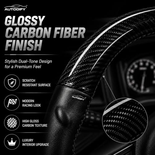 Image of Stitchable Carbon Fiber Steering Wheel Cover with Leather Protection | Universal Fit, Anti-Slip, Breathable, Comfortable Grip, Durable & Stylish for Cars | Easy Install with Black Stich