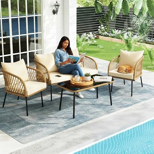 Image of DEVOKO Verde Outdoor Rope 4-Seater Sofa Set with Glass Top Table & Water-Repellent Cushions, Durable Metal Frame, Handwoven Furniture Perfect for Garden, Patio, Pool Deck & Balcony(Beige & Cream)