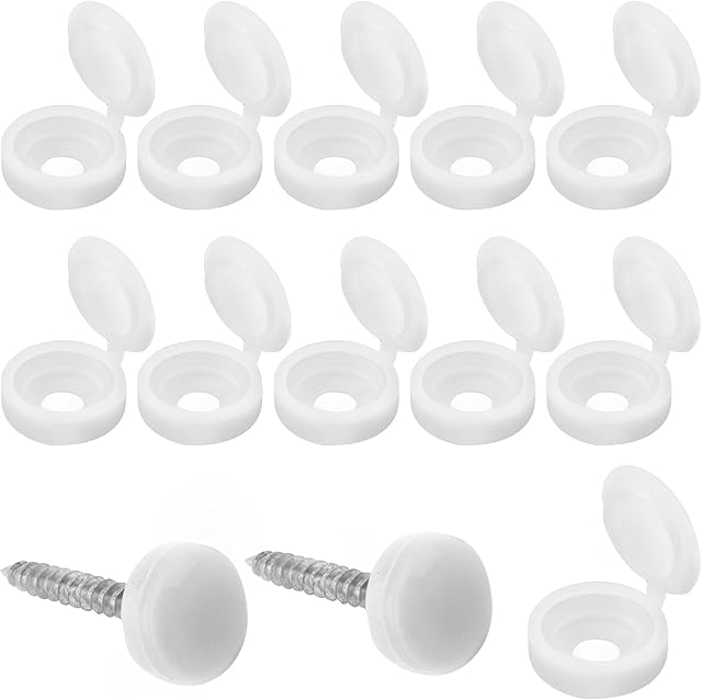 100 Pieces White Screw Caps Cover Plastic Hinged Screws Cover Caps Washer Flip Tops Fold Screw Snap Covers for Number 6 and 8 Screws Cabinets, Furniture, Shelf, Cupboards