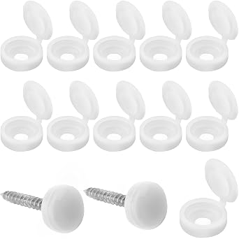 100 Pieces White Screw Caps Cover Plastic Hinged Screws Cover Caps Washer Flip Tops Fold Screw Snap Covers for Number 6 and 8 Screws Cabinets, Furniture, Shelf, Cupboards